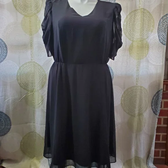 Plus Size Women's Chiffon Ruched-Sleeve Fit & Flare Dress | Size: 16 | Black | Lane Bryant